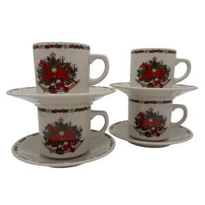 Vtg Cups and Saucers in O Christmas Tree by Ten Strawberry Street Set/4 (8 pcs)